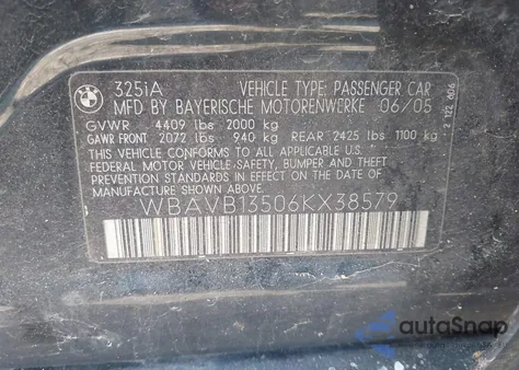 2006 BMW 325I z USA, uszkodzony, nr VIN WBAVB13506KX38579